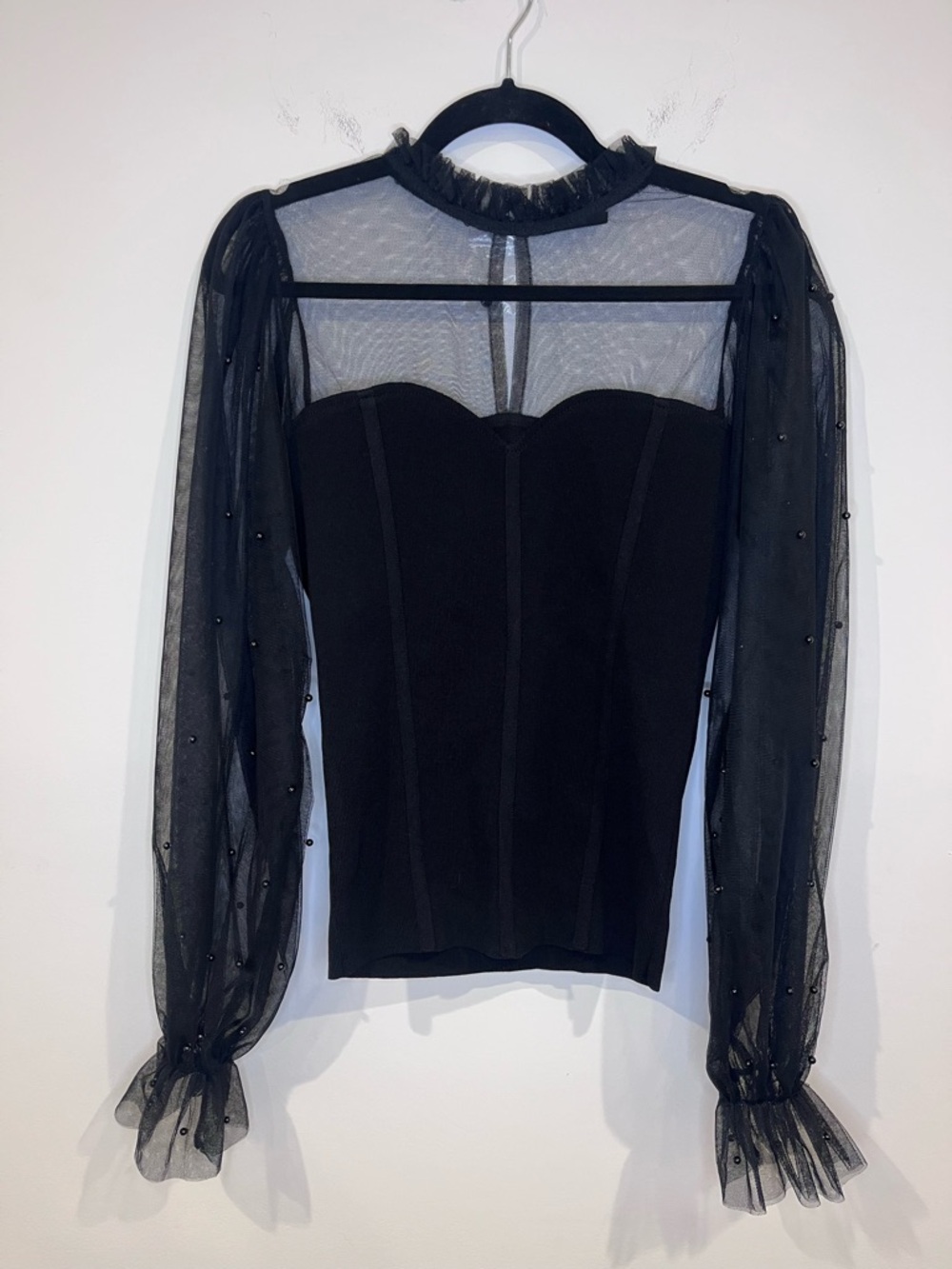 VICI Black Sheer Pearl Sleeve Corset Style Top Size XL